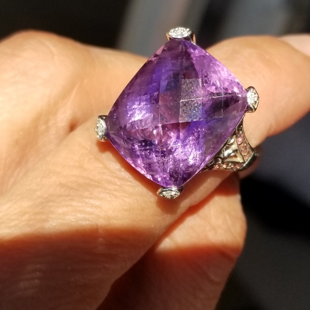 sale! 10k huge 20 carat plus checkered  Amethyst  pink tourmaline  diamond ring